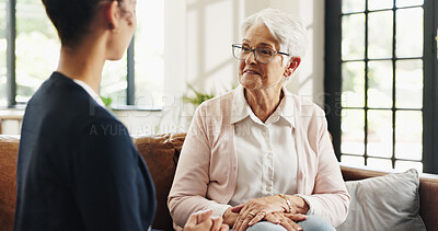 Buy stock photo Conversation, volunteer and senior woman in living room for rehabilitation, checkup and post surgery recovery. Apartment, pensioner or elderly person in home for support, chat and advice for help