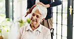 Old woman, nurse and hairbrush with wheelchair for grooming, helping hand and smile in retirement home. People, caregiver and elderly person with disability, assisted living and support in house