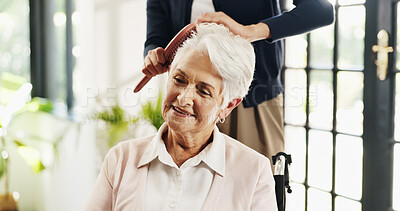 Buy stock photo Old woman, nurse and hairbrush with wheelchair for grooming, helping hand and smile in retirement home. People, caregiver and elderly person with disability, assisted living and support in house