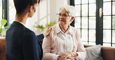Buy stock photo Chat, volunteer and senior woman in home for rehabilitation, checkup and post surgery recovery. Apartment, pensioner or elderly person in living room for support, conversation and advice for help
