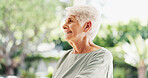 Thinking, senior woman and smile in backyard with vision, inspiration and calm morning. Bokeh, elderly person and daydreaming with happy thoughts, nostalgia memory and retirement reflection at house
