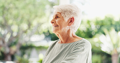 Buy stock photo Thinking, senior woman and smile in backyard with vision, inspiration and calm morning. Bokeh, elderly person and daydreaming with happy thoughts, nostalgia memory and retirement reflection at house