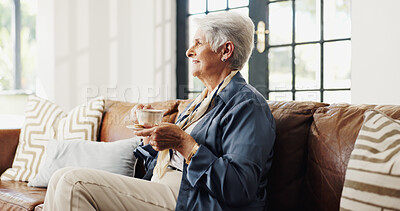 Buy stock photo Coffee, reflection or senior woman in home for calm, peace or daydream in living room in retirement. Tea, thinking and elderly person on sofa with positive mindset, memory or happiness on weekend