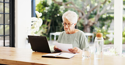 Buy stock photo Old woman, documents and laptop in home for finance with glasses, budget or report in living room. Elderly person, computer and investment admin for asset management, paperwork or retirement at house
