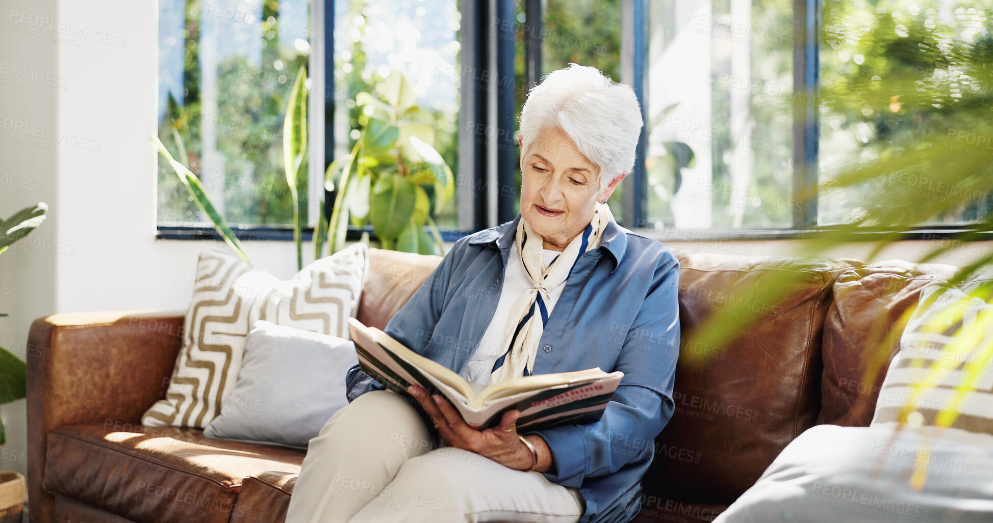 Buy stock photo Old woman, reading and book on sofa in home with smile for story, novel and relax in living room. Elderly person, happy and break on couch with literature, info or chapter at house in retirement
