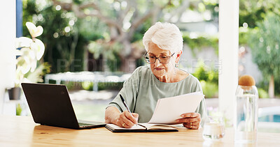 Buy stock photo Woman, paperwork and writing with laptop for remote work, editing article and creative process in home. Project report, freelance writer or review for feedback and mature editor or story proofreading