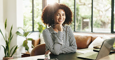 Buy stock photo Happy woman, portrait and laptop with confidence in home for remote work or business. Female person, freelancer or smile with computer or pride for journalism, network or communication in house