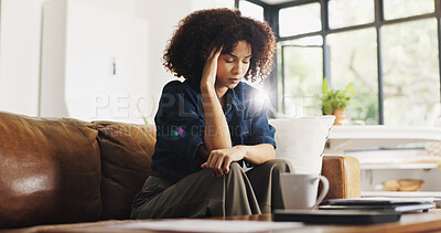 Buy stock photo Home, stress and woman with headache, thinking and freelancer with financial pressure or exhaustion. Unhappy, reflection and person with migraine for job insecurity, flare and anxiety in living room