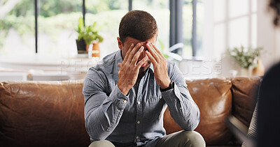 Buy stock photo Mental health, sofa and man with psychologist in office for support, life coaching or sadness. Anxiety, therapy and psychiatrist with male person with depression for guidance, help or consultation.