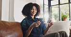 Credit card, happy and black woman with phone on sofa for online shopping, purchase and payment. Home, ecommerce and person with smartphone on bank app for subscription, website sale and transaction