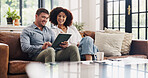 Happy couple, relax or sofa with tablet in home for budget planning or online investment. Man, woman or scrolling with smile on technology for digital financial, trading or expenses together in house