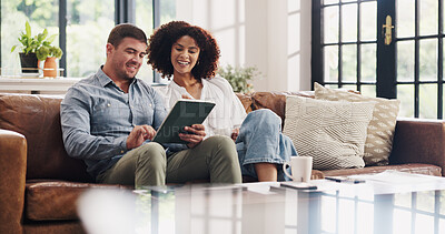 Buy stock photo Happy couple, relax or sofa with tablet in home for budget planning or online investment. Man, woman or scrolling with smile on technology for digital financial, trading or expenses together in house