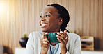Business, woman and thinking with coffee in office to start day, story insight or article inspiration. Journalist, black person and smile with tea at agency for headline idea, planning and reflection
