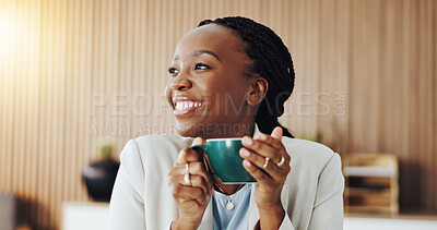 Buy stock photo Business, woman and thinking with coffee in office to start day, story insight or article inspiration. Journalist, black person and smile with tea at agency for headline idea, planning and reflection