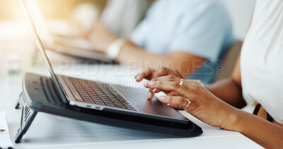 Buy stock photo Laptop, typing and hands of businesswoman in office with research for finance report with budget. Keyboard, technology and female financial advisor with computer for investment proposal in workplace.