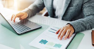 Buy stock photo Laptop, documents and hands of business man in office for finance review, planning and investment. Corporate, paperwork and person on computer for financial portfolio, proposal and budget report