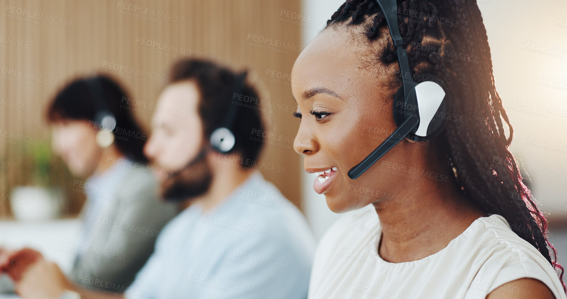 Buy stock photo Call center, happy and businesswoman with headset in office with consultation, crm or helpdesk. Talk, communication and female technical support consultant with mic for customer service in workplace.