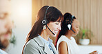 Call center, smile and businesswoman with headset in office with consultation, crm or helpdesk. Happy, communication and female technical support consultant with mic for customer service in workplace