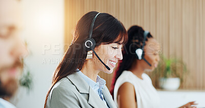 Buy stock photo Call center, smile and businesswoman with headset in office with consultation, crm or helpdesk. Happy, communication and female technical support consultant with mic for customer service in workplace