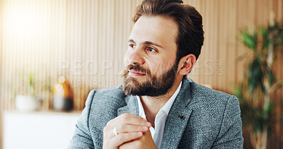 Buy stock photo Office, thinking or business man with smile for decision, contemplation or vision of financial growth. Accountant, idea or person with insight for funding opportunity, finance progress or perspective