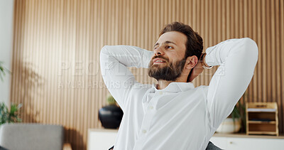 Buy stock photo Happy, relax and business man in office with satisfaction for project deadline, done and thinking on work break. Corporate, smile and person stretching at desk for calm, resting and finish tasks