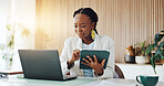 Tablet, laptop and black woman in office with research for finance report with budget planning. Technology, computer and African female financial manager with online investment proposal in workplace.