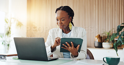 Buy stock photo Tablet, laptop and black woman in office with research for finance report with budget planning. Technology, computer and African female financial manager with online investment proposal in workplace.