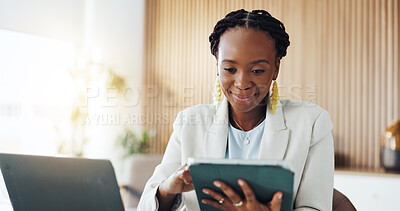 Buy stock photo Tablet, reading and black woman with laptop in office with research for finance report with budget. Technology, computer and African female financial manager with investment proposal in workplace.