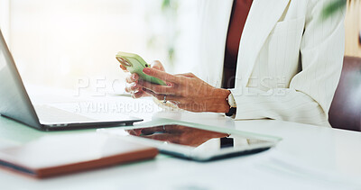 Buy stock photo Smartphone, hands and businesswoman in office with typing for texting, networking or email communication. Technology, contact and female corporate employee with phone for connectivity in workplace.