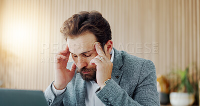 Buy stock photo Laptop, stress or business man with headache from burnout, discomfort or overwhelmed by pressure. Vertigo, person and tech with tension migraine in office from brain fog, workload and mental health