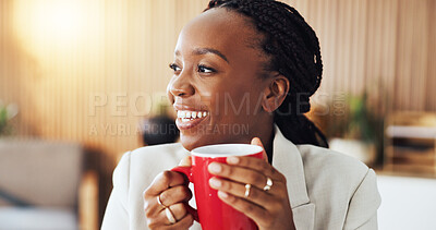 Buy stock photo Smile, thinking and business woman with coffee to start day, story insight or article inspiration. Journalist, black person and happy with beverage in office for headline idea, planning or reflection