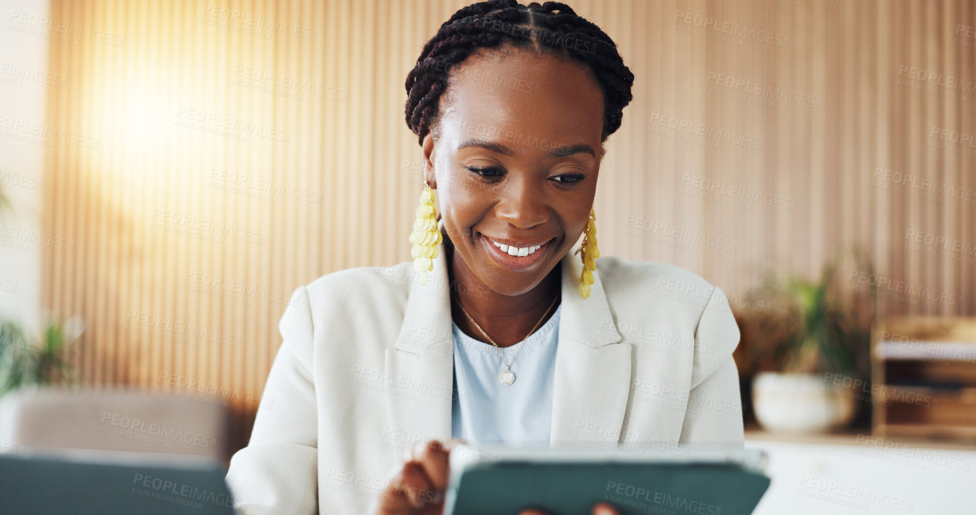 Buy stock photo Tablet, happy and black woman in office with research for finance report with budget planning. Technology, smile and African female financial manager with online investment proposal in workplace.