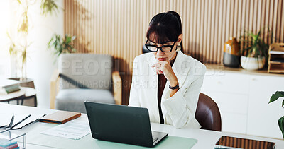 Buy stock photo Laptop, reading and business woman in office for finance review, planning and investment research. Corporate, consultant and person on computer for financial proposal, company audit and budget report