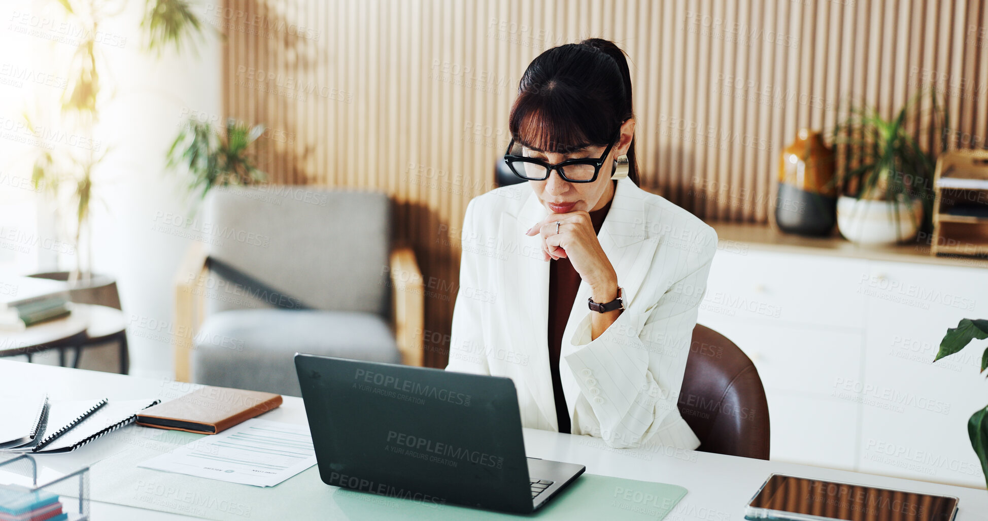 Buy stock photo Laptop, reading and business woman in office for finance review, planning and investment research. Corporate, consultant and person on computer for financial proposal, company audit and budget report