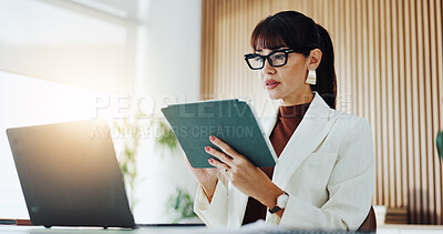 Buy stock photo Tablet, laptop and businesswoman in office with research for finance report with budget planning. Digital technology, computer and financial manager with online investment proposal in workplace.