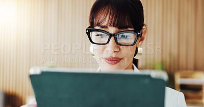 Buy stock photo Tablet, reading and businesswoman in office with research for finance report with budget planning. Digital technology, glasses and financial manager with online investment proposal in workplace.
