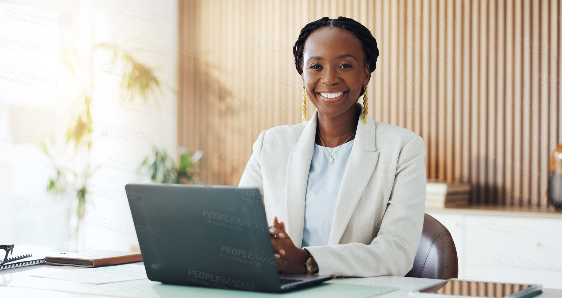 Buy stock photo Laptop, business and portrait of black woman in office for finance review, consulting and investment. Corporate, professional and person on computer for financial proposal, research and budget report