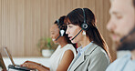 Customer service, talking and businesswoman with headset in office with consultation, crm or helpdesk. Mic, communication and female call center consultant with technical support in workplace.