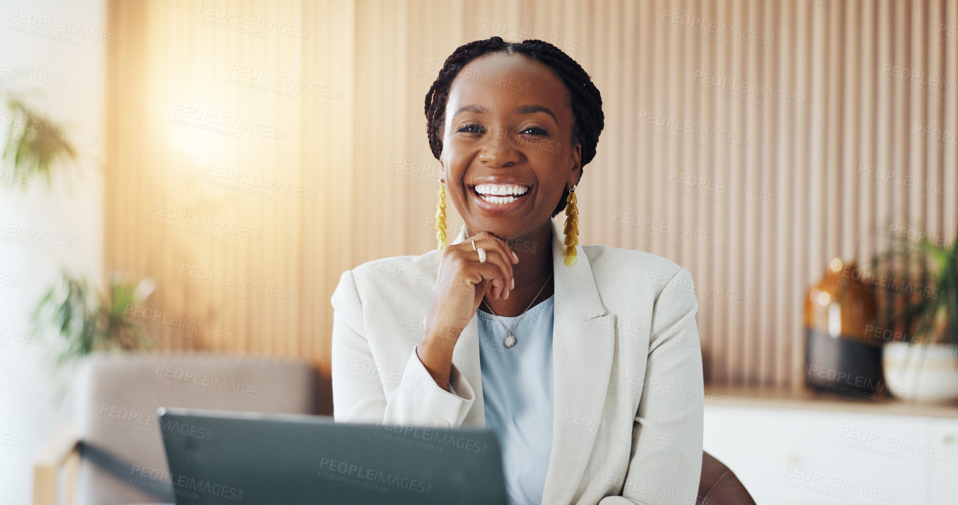Buy stock photo Office, business and portrait of black woman with laptop for finance review, confidence and investment. Corporate, happy and person on computer for financial proposal, research and budget report