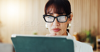 Buy stock photo Tablet, ideas and businesswoman in office with research for finance report with budget planning. Digital technology, thinking and financial manager with online investment proposal in workplace.