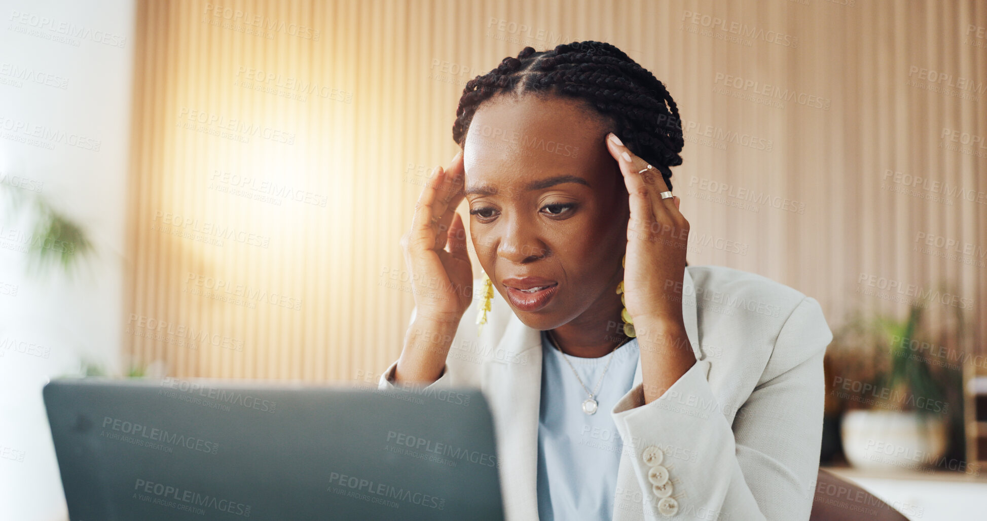 Buy stock photo Frustrated, black woman and headache with laptop in office for stress, overworked or strain. Female person, employee or migraine with computer for project deadline, pressure or mistake in workplace