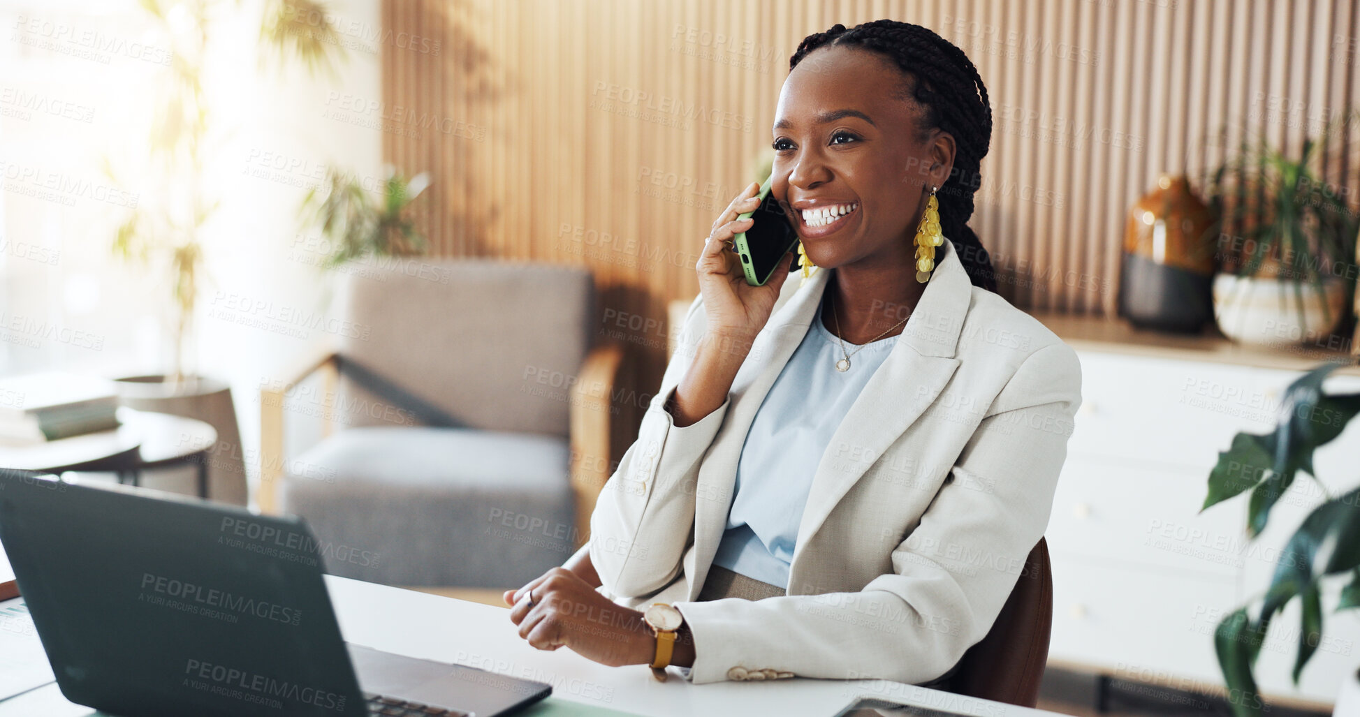 Buy stock photo Thinking, black woman and laptop with phone call in office for real estate, contact client and inquiry. Female realtor, mobile or pc for property listing, schedule viewing and feedback on negotiation