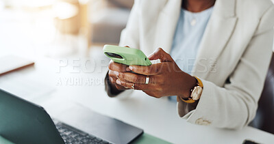 Buy stock photo Phone, hands and businesswoman in office with texting, networking or email communication with typing. Technology, contact and female corporate employee with cellphone for connectivity in workplace.