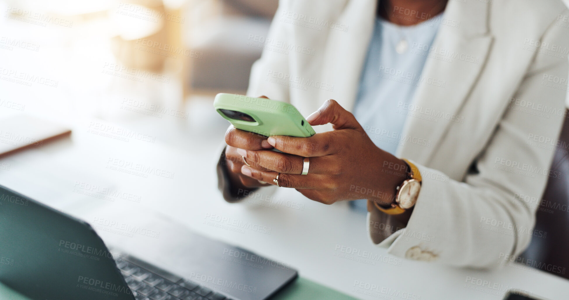 Buy stock photo Phone, hands and businesswoman in office with texting, networking or email communication with typing. Technology, contact and female corporate employee with cellphone for connectivity in workplace.