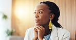 Serious, decision and businesswoman in office, thinking and plan for case, lawyer and career growth. Attorney, reflection and black person with ideas for trial, remember and thoughtful in law firm
