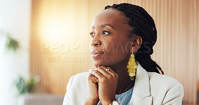 Buy stock photo Serious, decision and businesswoman in office, thinking and plan for case, lawyer and career growth. Attorney, reflection and black person with ideas for trial, remember and thoughtful in law firm