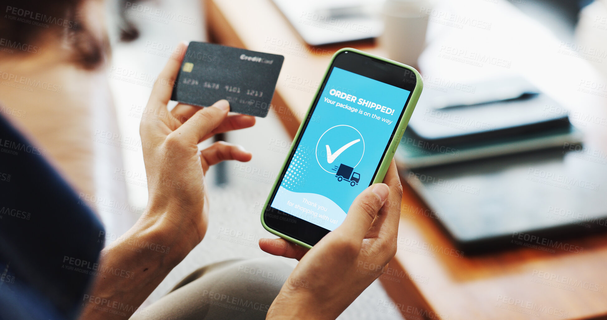 Buy stock photo Credit card, phone screen and hands of woman in home for online shopping, purchase and payment. Approval, ecommerce and person on smartphone on bank app for subscription, sale and transaction success