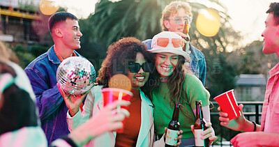 Buy stock photo Dance, drink and hug with friends outdoor together for celebration, party or social gathering. Alcohol, fun and reunion with people embracing in backyard of home for energy, holiday or weekend