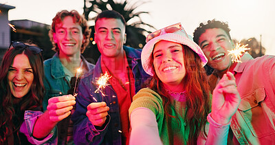 Buy stock photo Selfie, portrait or friends in backyard with sparklers, celebration or bonding in digital memory. Happiness, POV or people at house with firework, birthday party or group gathering for social media.