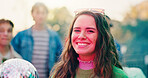 Portrait, friends and woman with disco ball at party, outdoor social event and get together for reunion. Neon lights, smile and person with group for weekend bonding, rave concert and summer festival